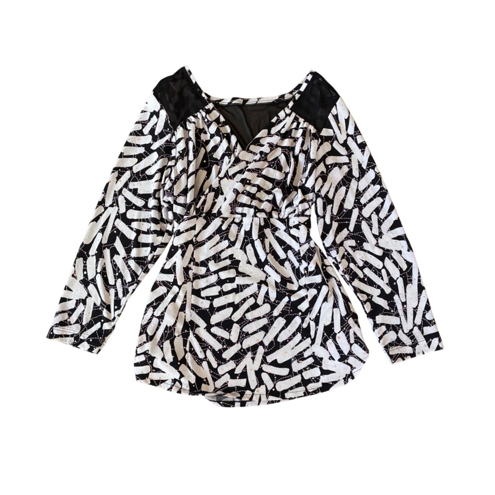 Y2K Babydoll Grunge Top Black White Abstract Mesh Long Sleeve Glitter Blouse